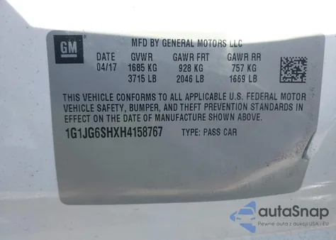 2017 Chevrolet Sonic Lt Auto z USA, uszkodzony, nr VIN 1G1JG6SHXH4158767